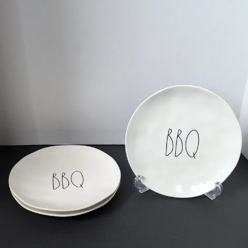 Rae‎ Dunn BBQ White Melamine Plates Ivory Farmhouse Grill Outdoor Dinnerware